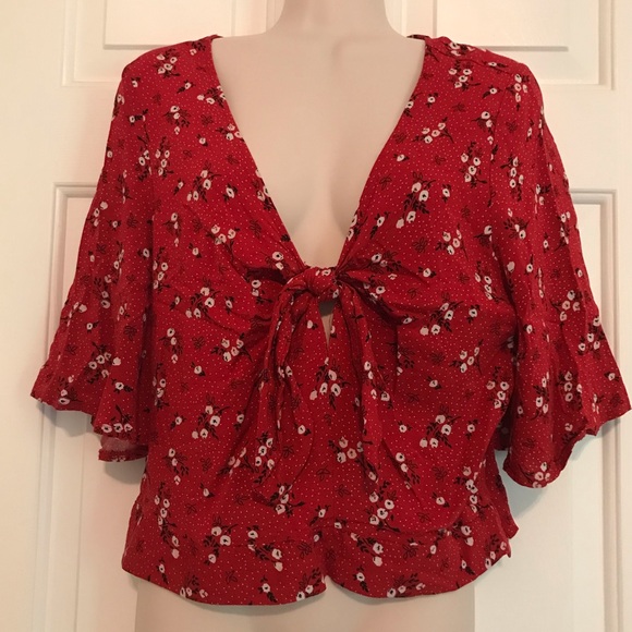 Rue21 red floral front tie top - Picture 1 of 4
